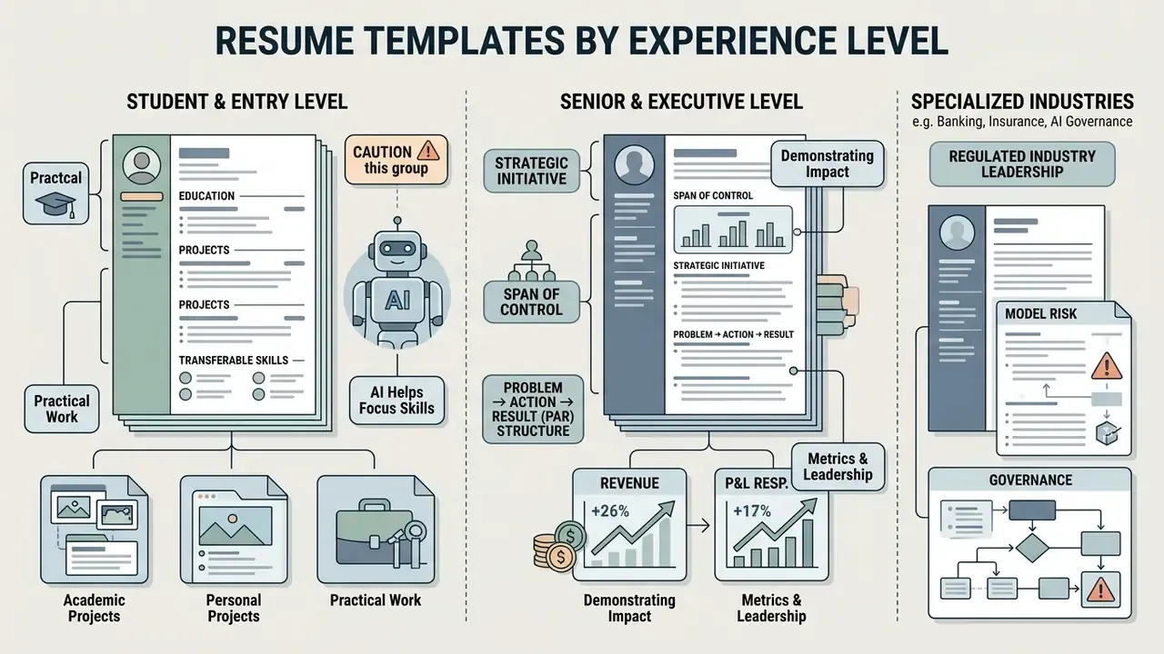 Comparison of resume structures for entry-level, senior, and specialized industry career stages