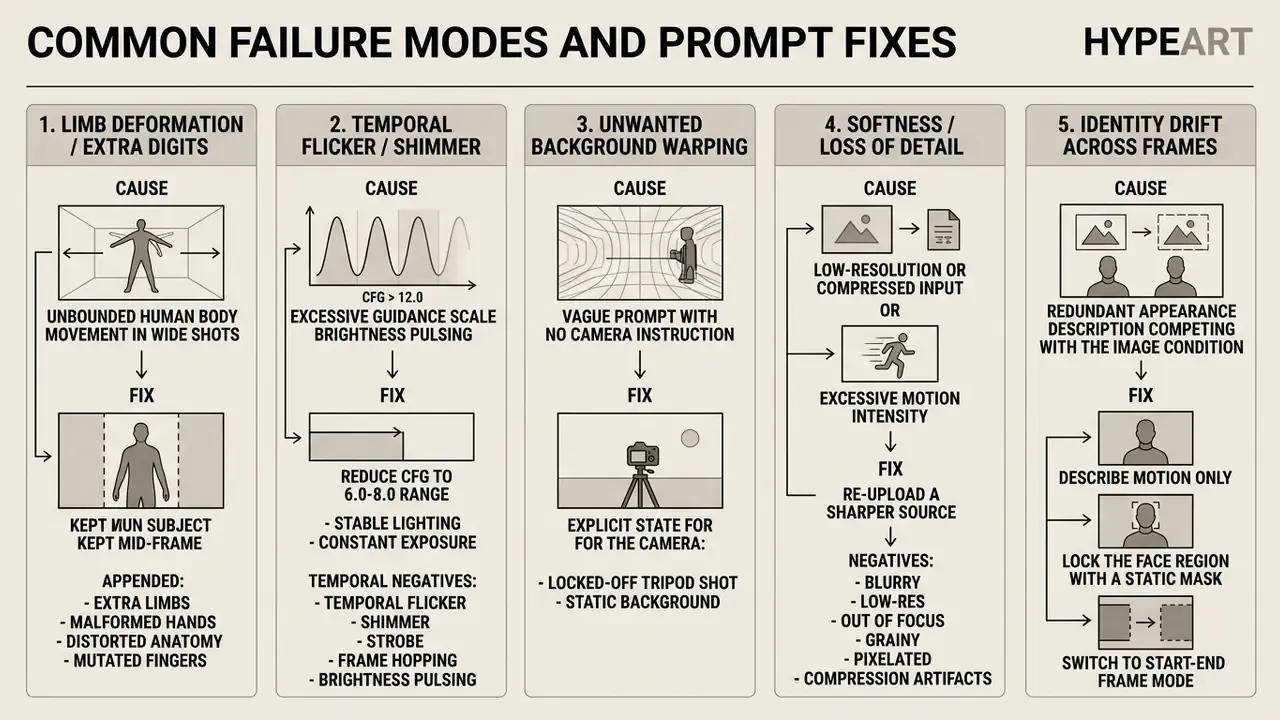 Five-column table listing common AI generation issues alongside their causes and corrective prompt fixes