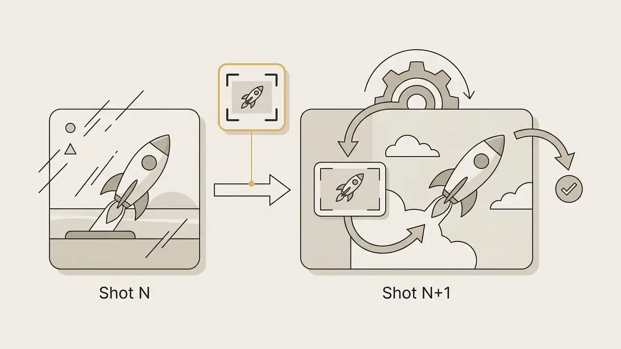 Rocket icon from a video frame being used as a reference to maintain continuity in the next shot