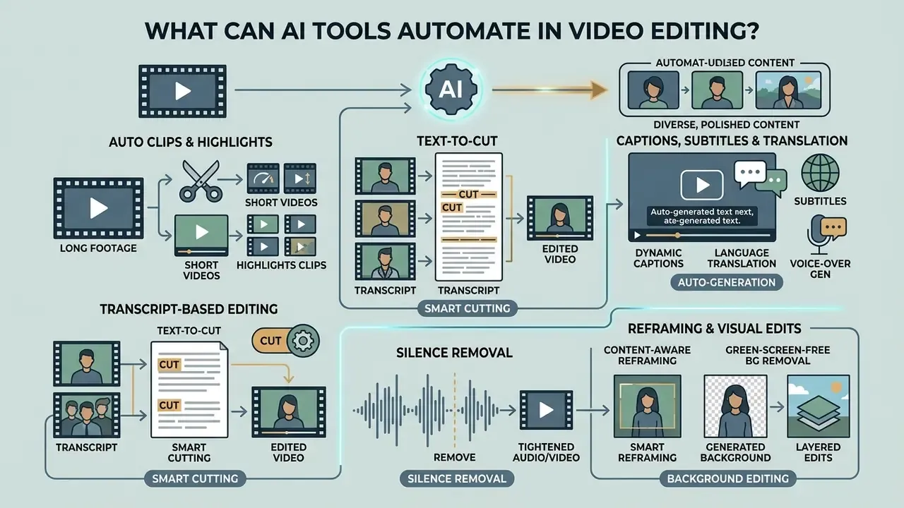 Flowchart illustrating how a free AI video editor automates tasks like transcript cutting and reframing