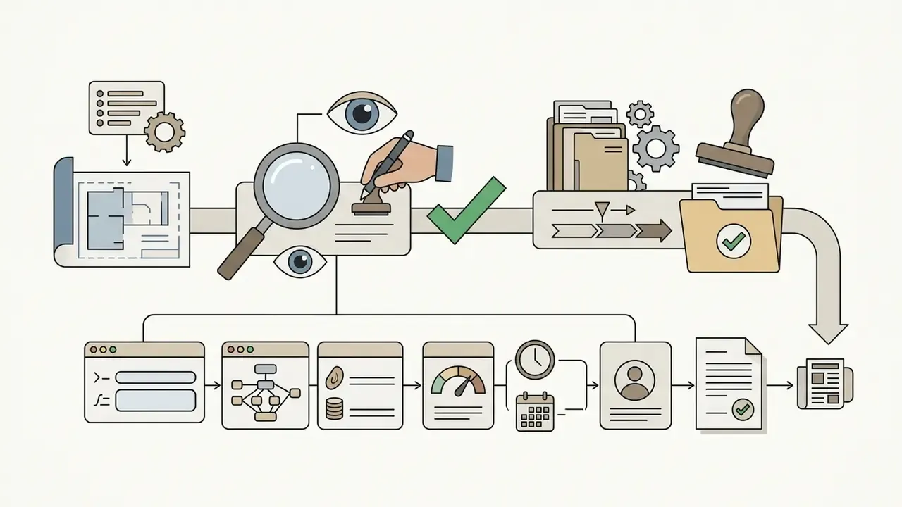 Workflow showing human review and stamping of assets before final filing and publication