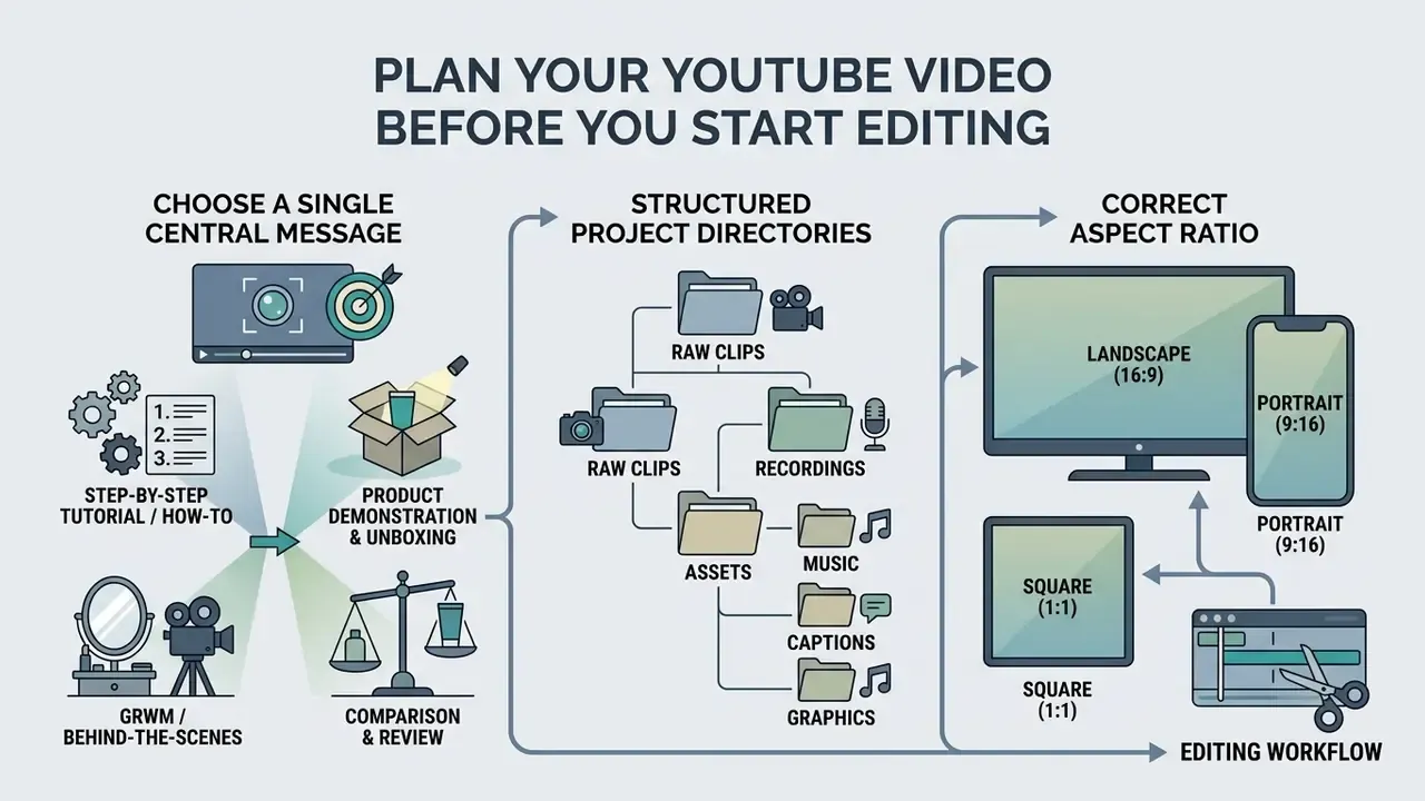 Infographic showing steps to organize video content, project files, and aspect ratios before editing
