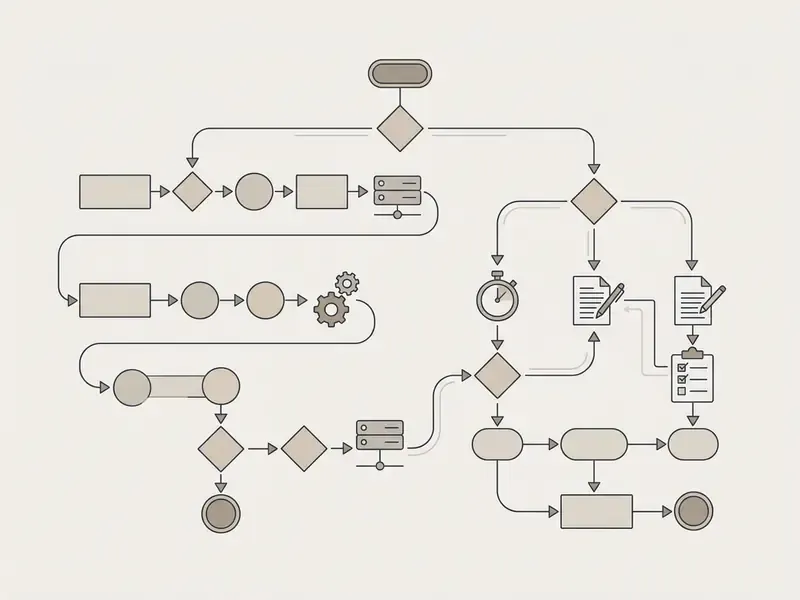 Complex flowchart mapping automated and manual decision paths for processing media assets