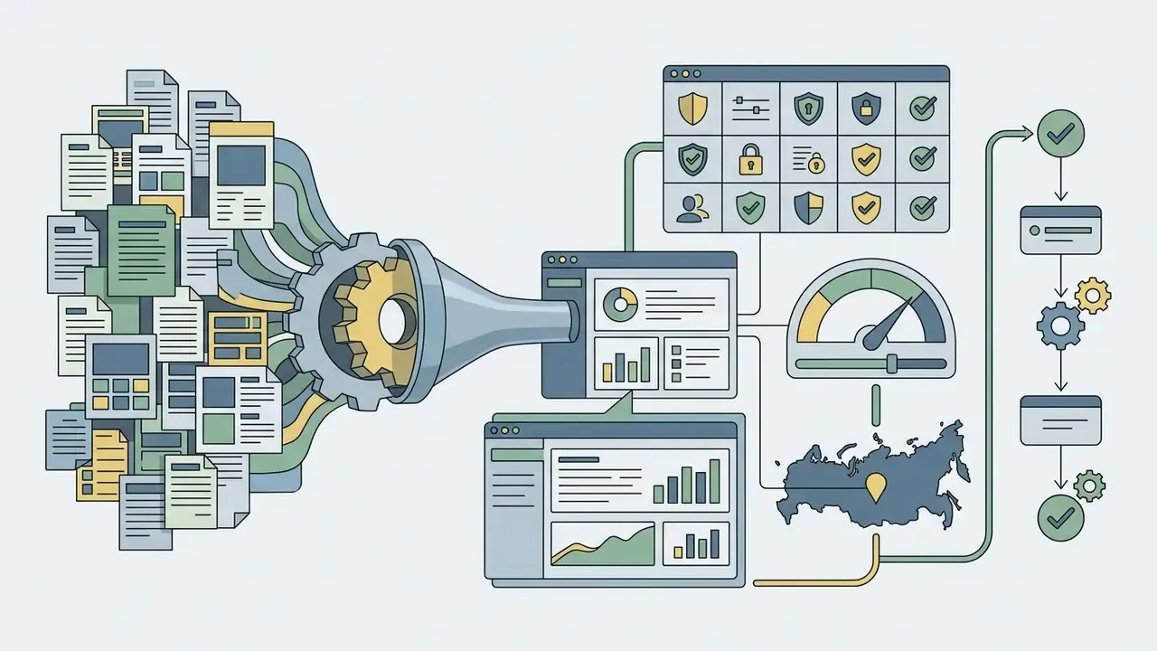 Documents feeding into a mechanical gear funnel that outputs analytics, security settings, and status flows