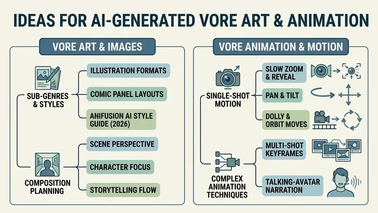 Two-column list detailing creative strategies for static art composition and motion animation techniques