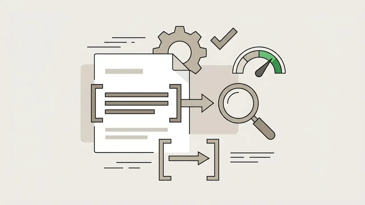 Document icon with brackets pointing to a magnifying glass and a speedometer icon