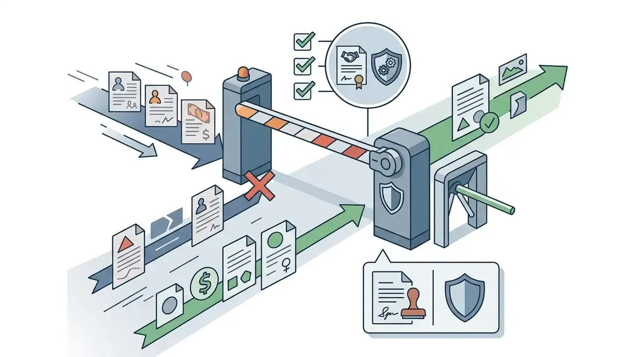 Security gate blocking unauthorized documents while allowing compliant files to pass with proper approval