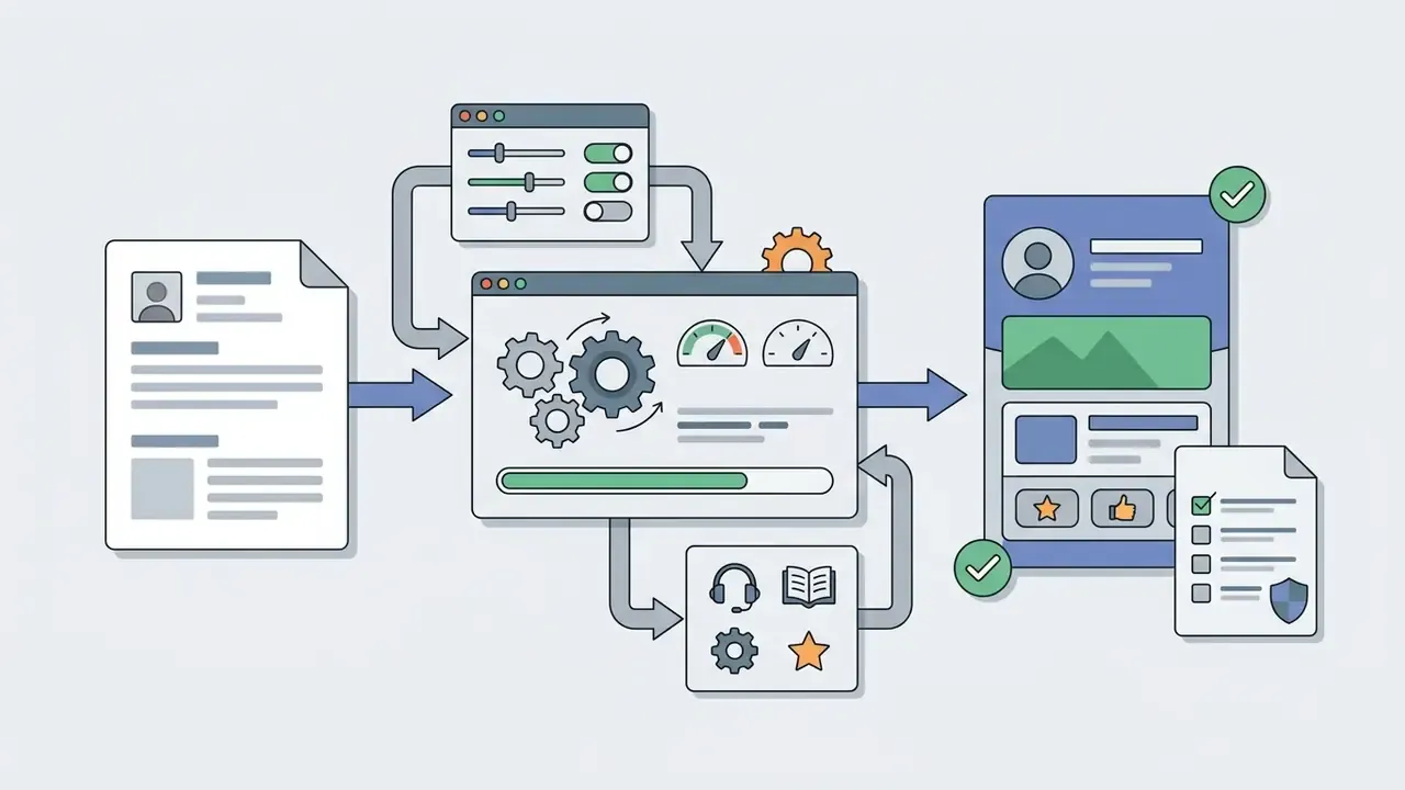 Document icon feeding into a central gear processing hub connected to profile and checklist windows
