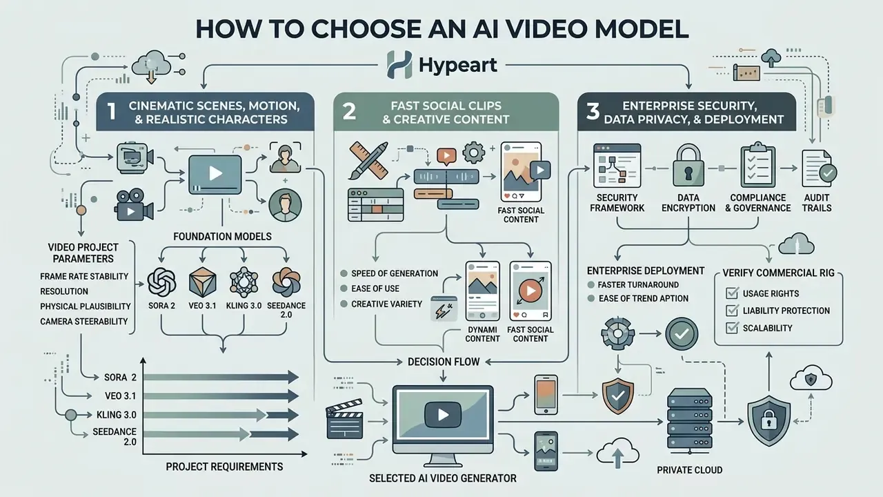 Diagram comparing criteria for cinematic, social media, and enterprise AI video generator models