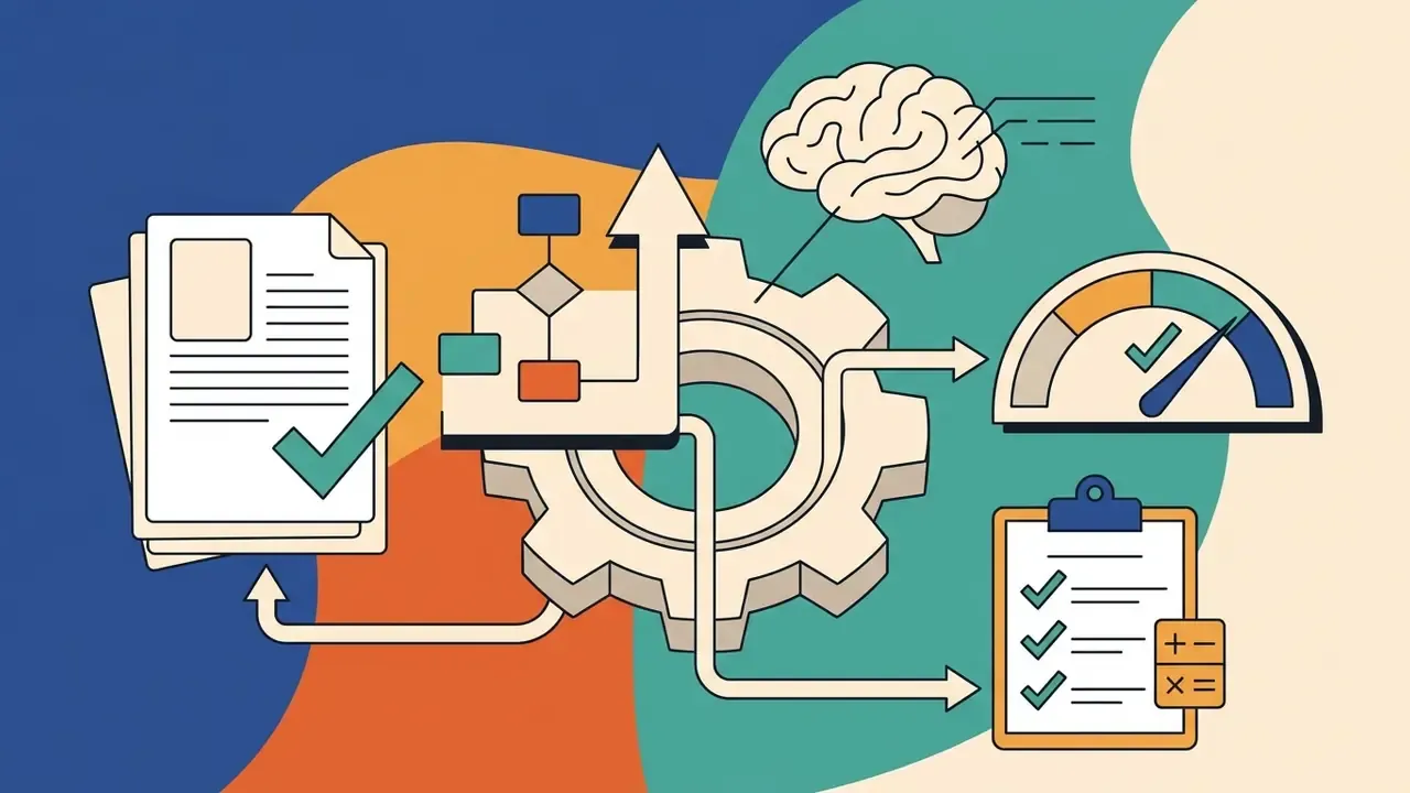 Gear mechanism connecting a human brain icon to a performance gauge and a checklist with calculation symbols