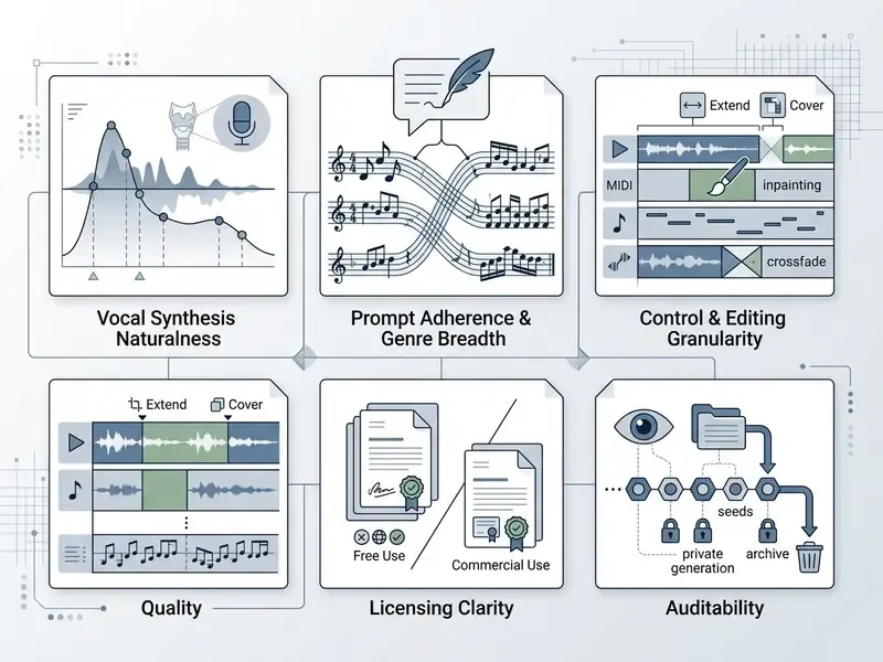 Matrix of six panels showing criteria for evaluating AI music tools including vocal, editing, and licensing