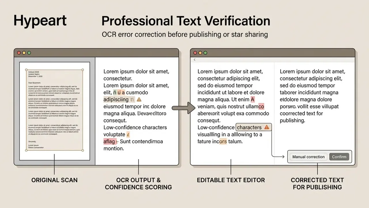 Two-panel interface showing original scan alongside editable text with flagged low-confidence characters