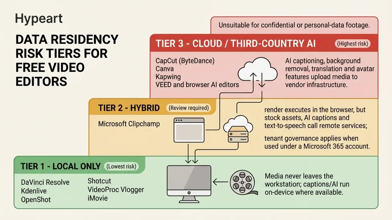 Categorized risk tiers for free video editors based on cloud connectivity and data residency requirements