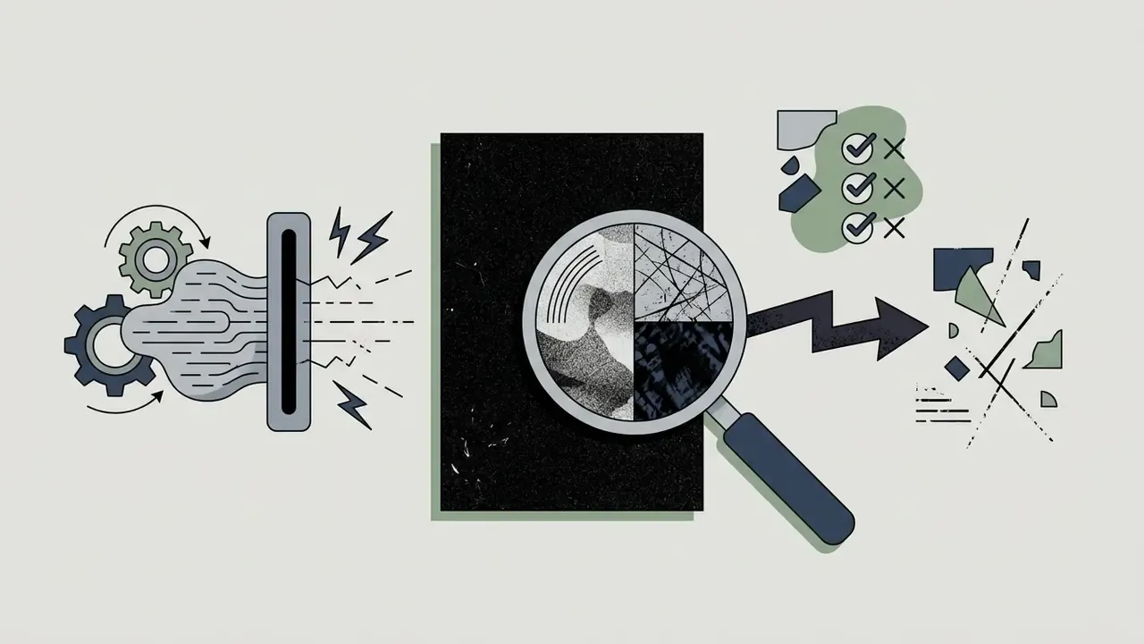 Magnifying glass examining a damaged photo before an arrow points to a clean and restored version
