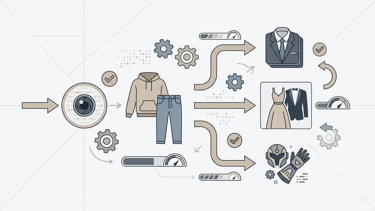 Camera lens processing casual clothing into business suits, formal wear, or stylized armor costumes