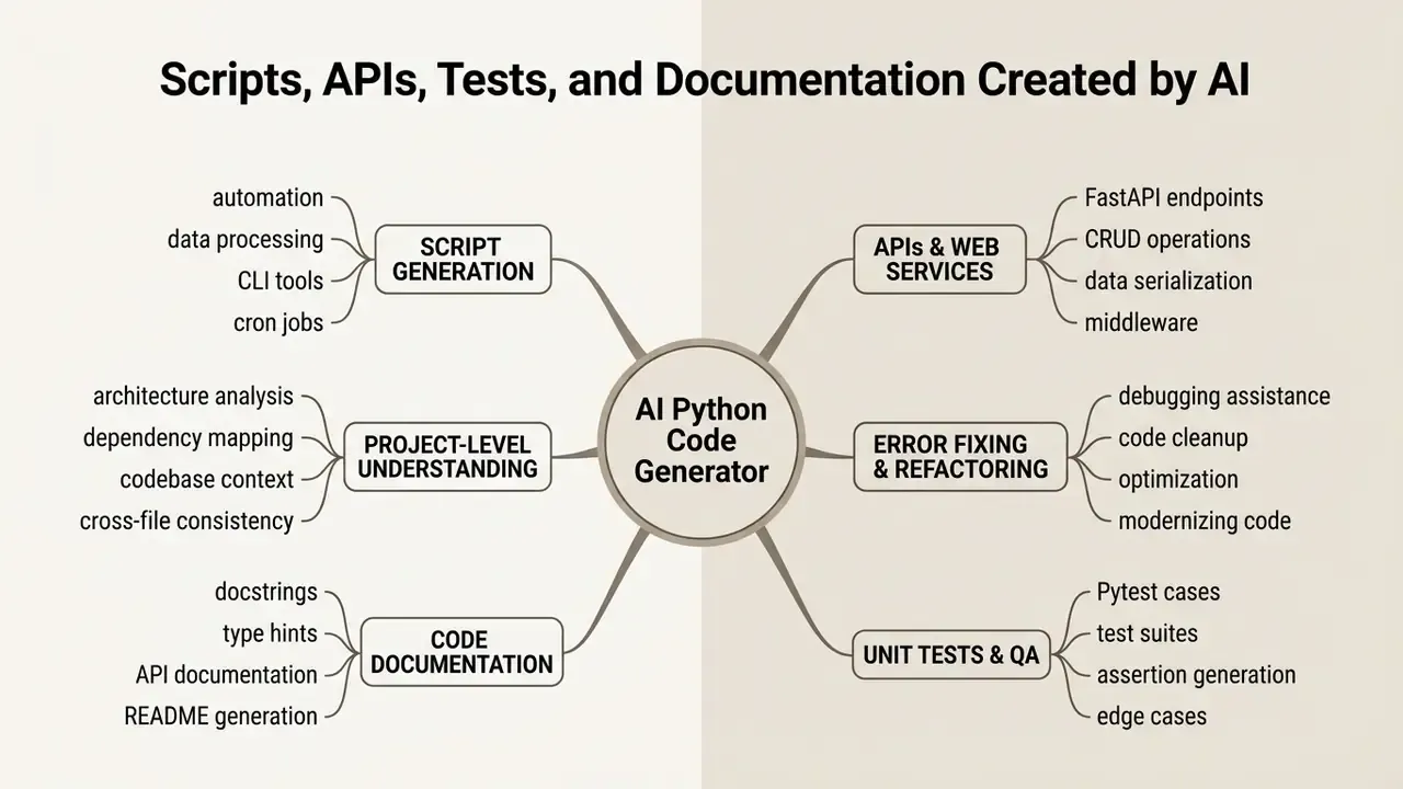 Mind map showing six functional areas for an AI Python code generator including scripts and unit tests