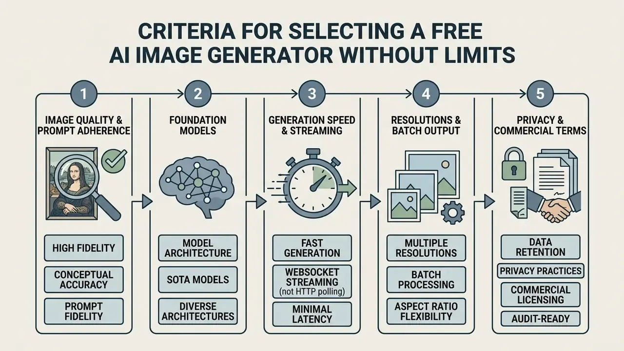 Five-step process diagram detailing technical and legal considerations for evaluating image creation software