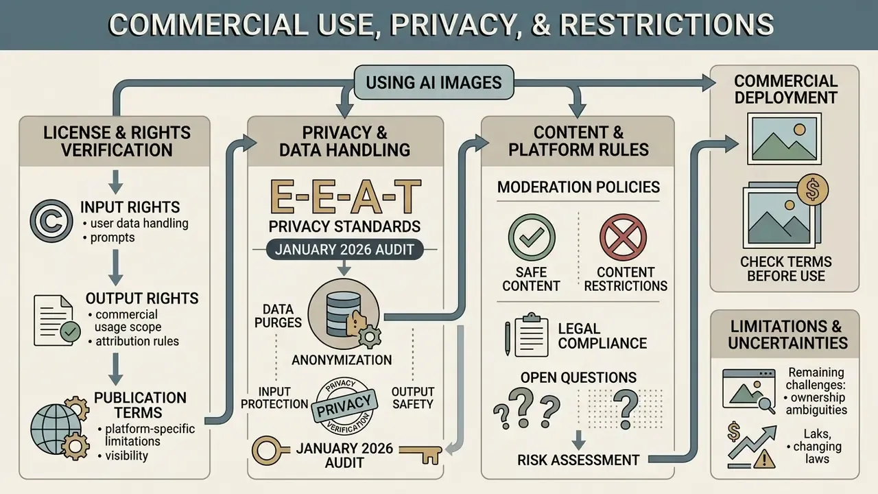 Diagram outlining steps for verifying licenses, privacy standards, and platform rules for AI image usage