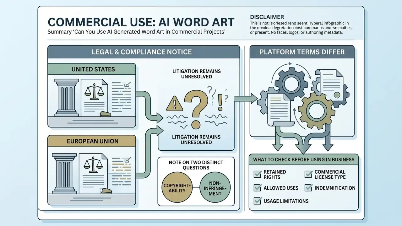 Summary of legal considerations for using AI word art in business including compliance and checklists
