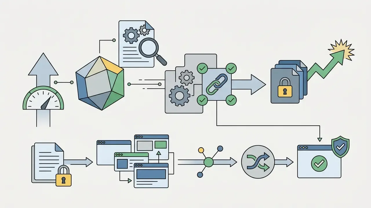 System of icons representing document provenance tracking, metadata verification, and secure file integration