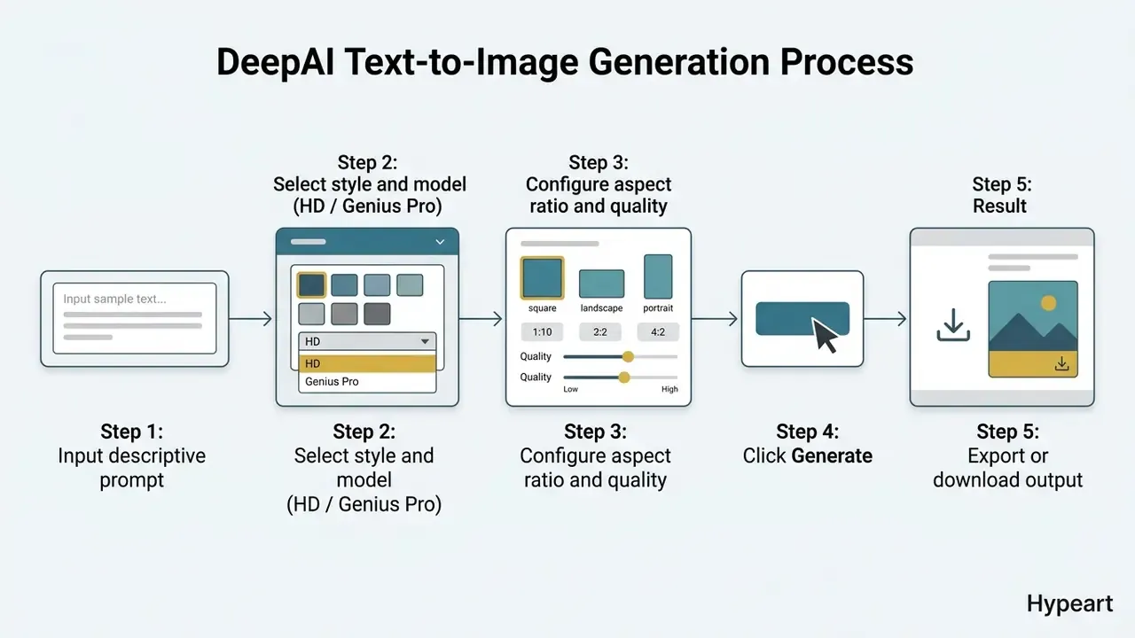 Five step diagram showing the DeepAI text generator workflow from prompt input to image download
