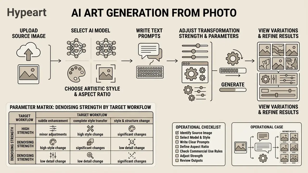 Step-by-step infographic detailing the workflow to generate AI art from a photo online