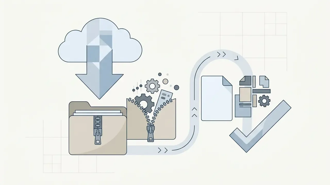 Cloud icon downloading a compressed folder that opens to reveal file components and a checkmark