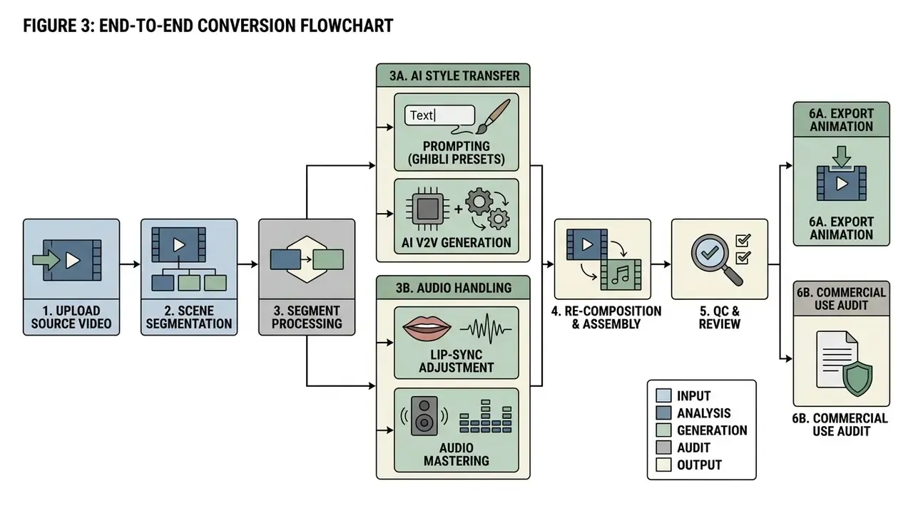 Flowchart showing stages from video upload and segmentation to AI generation, review, and final export