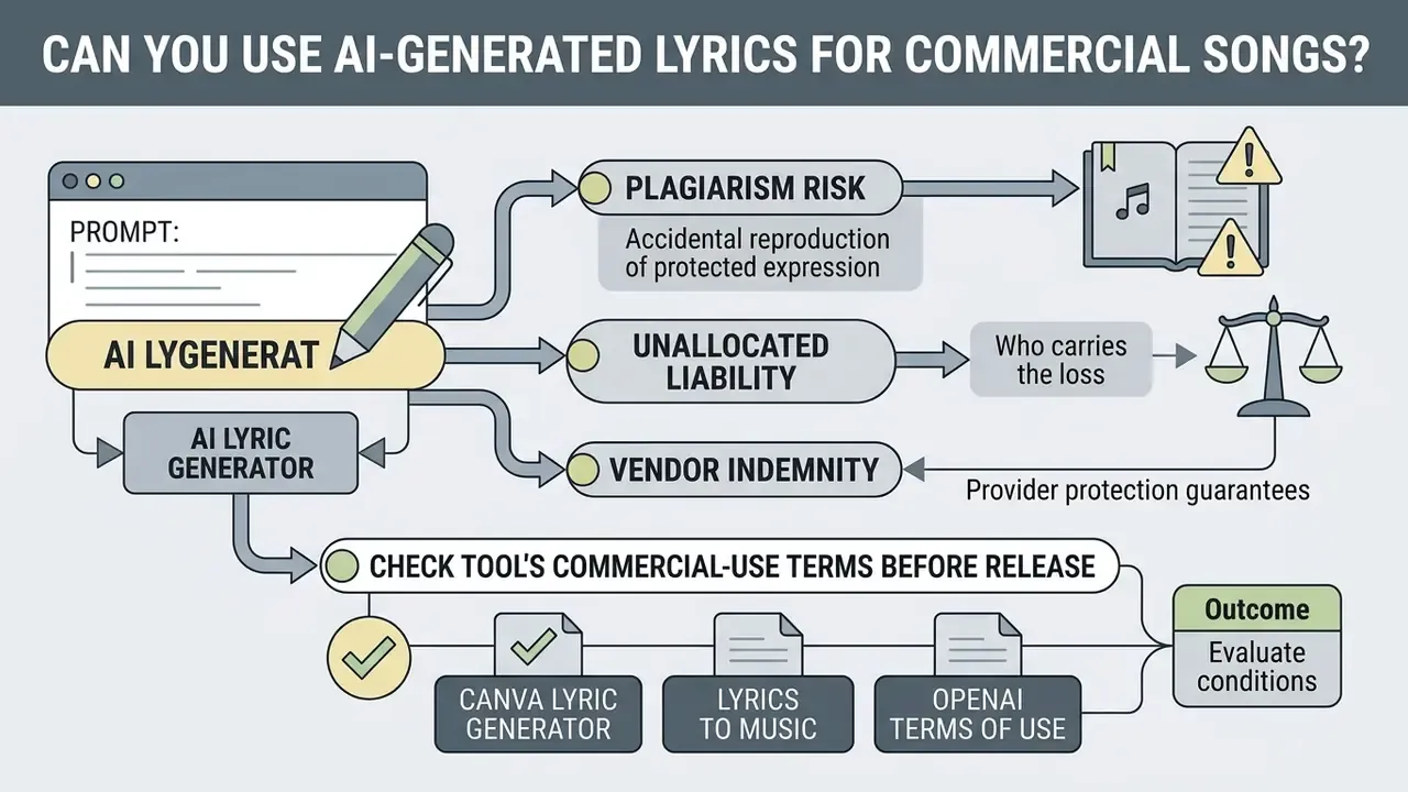 Infographic outlining legal risks and terms of use associated with an AI lyrics generator