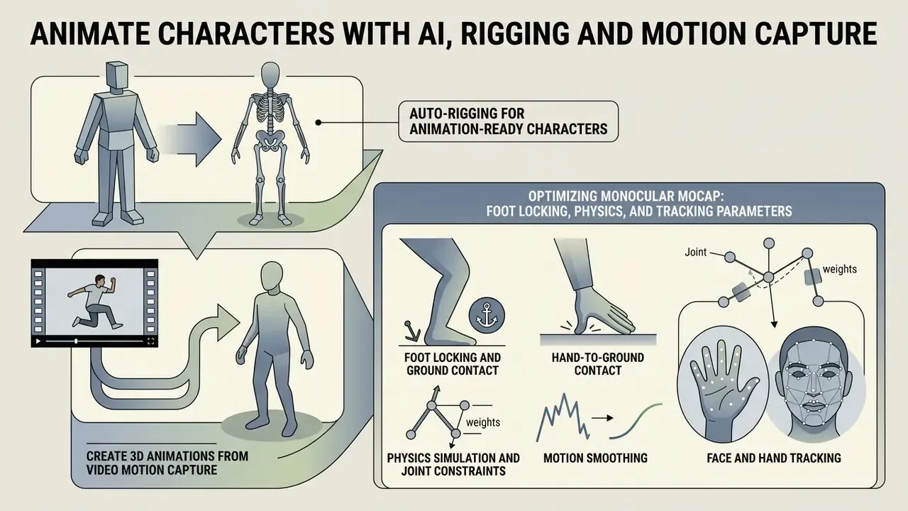 Infographic showing auto-rigging, motion capture from video, and technical physics optimization steps