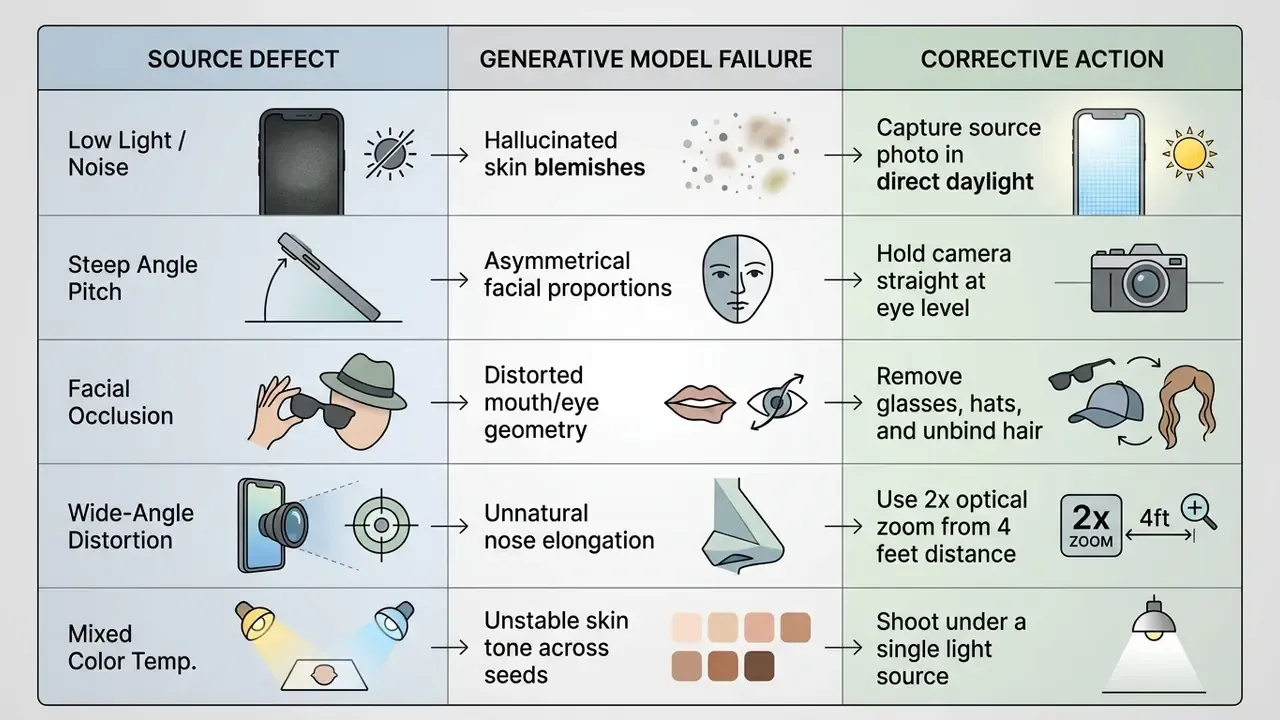Table mapping source photo defects to AI model failures and corrective actions for an AI portrait generator