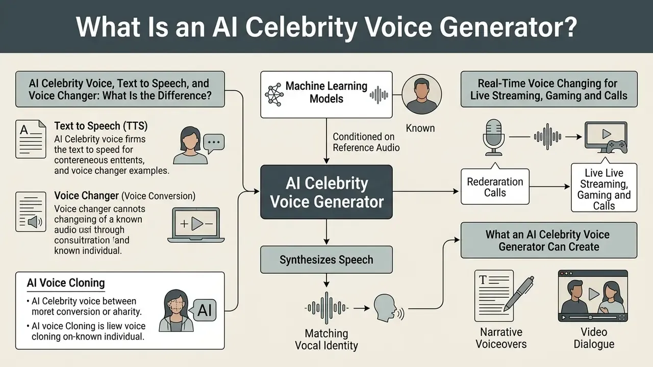 Infographic showing how machine learning models process reference audio to synthesize celebrity voices
