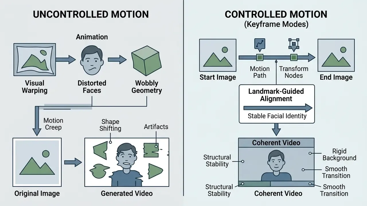 Split screen comparing uncontrolled animation with distorted results to landmark-guided stable video