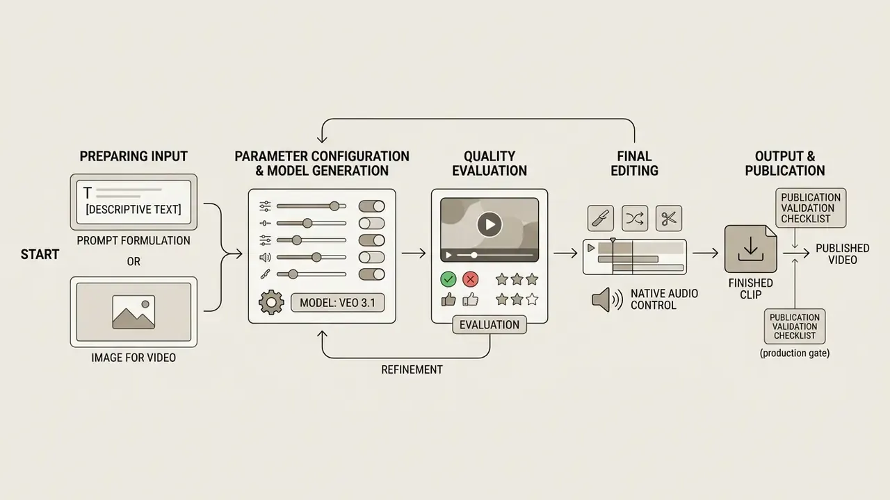 Linear workflow showing input preparation, parameter tuning, evaluation, editing, and final publication