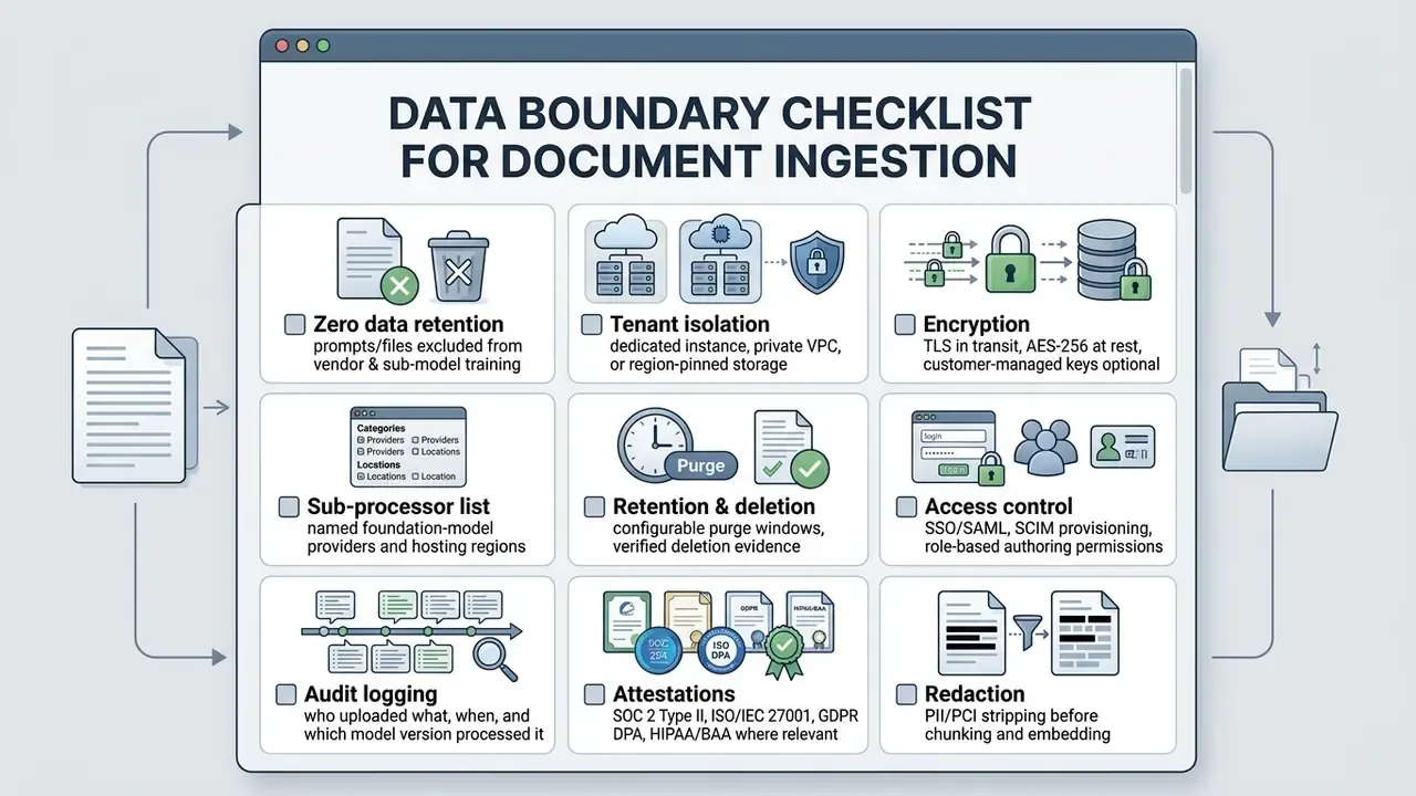 Grid of nine security icons and descriptions outlining data privacy protocols for document ingestion