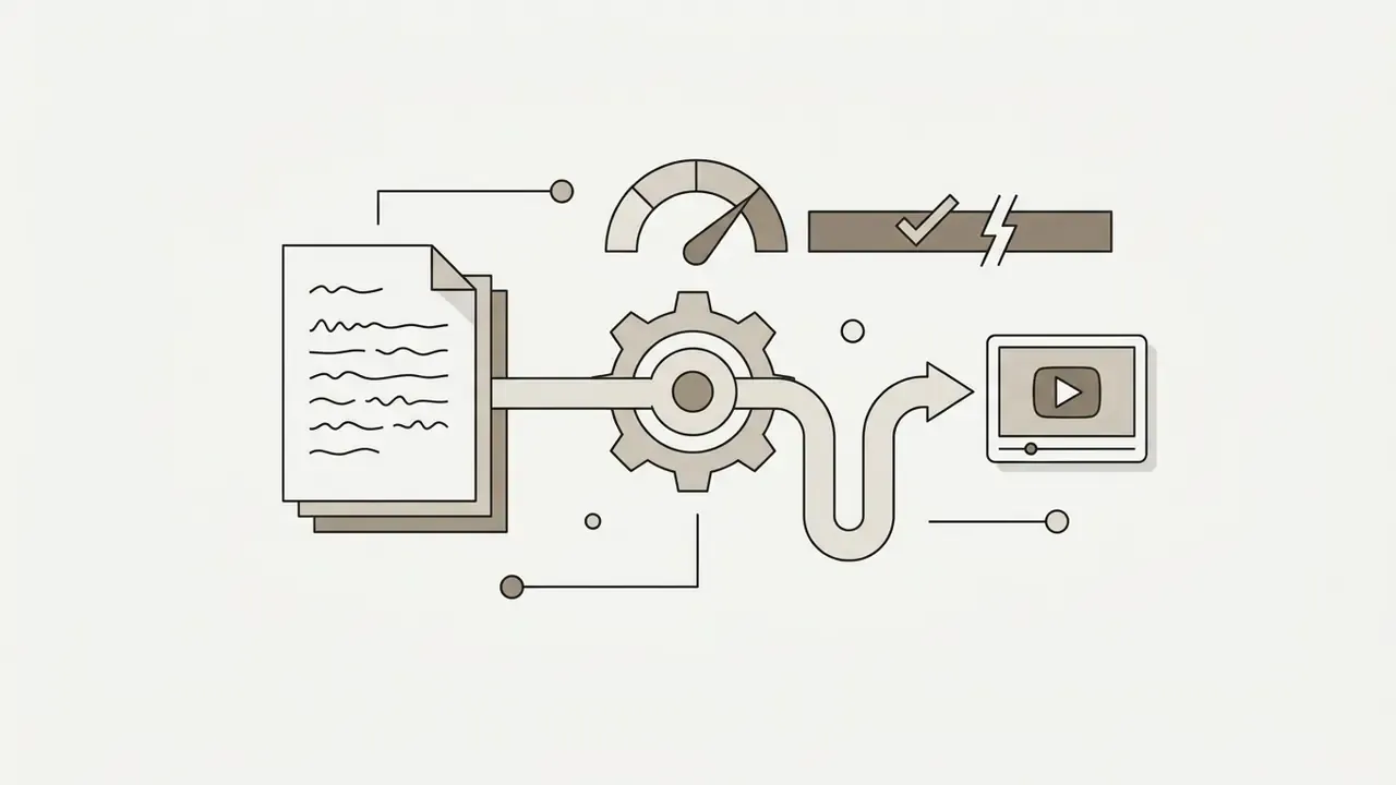 Document script moving through a central gear mechanism to become a finished video file