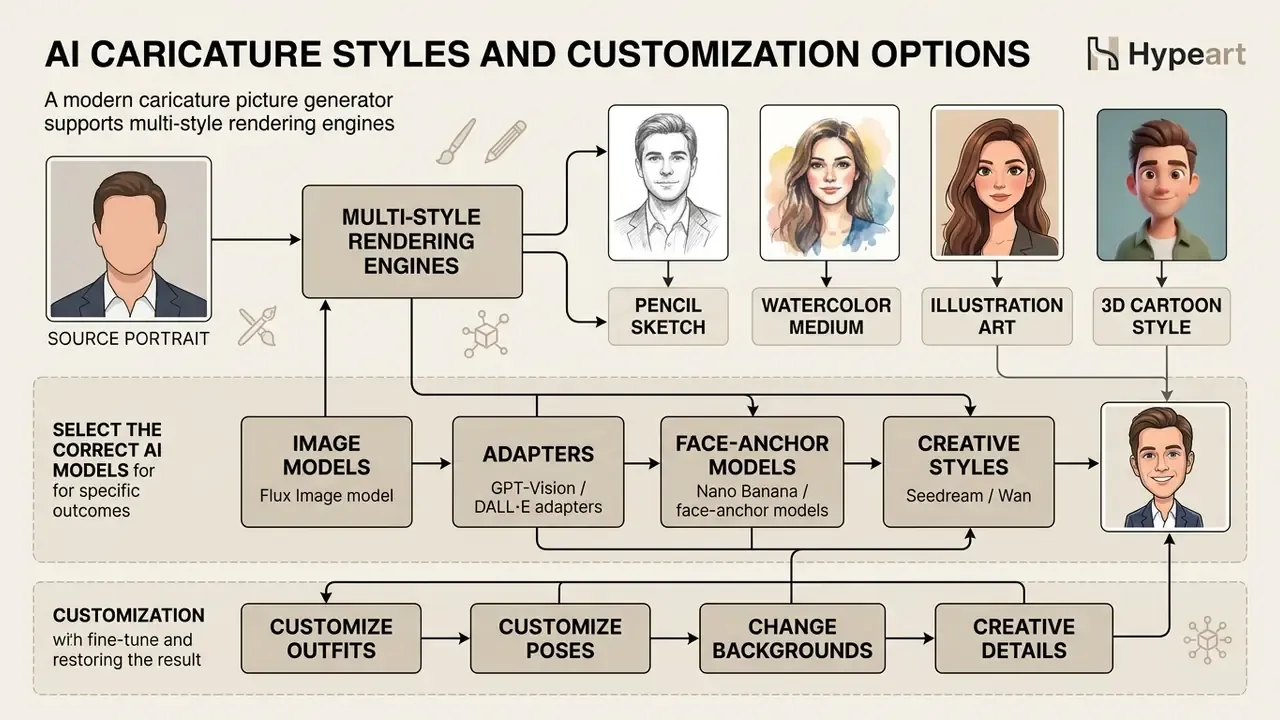 Diagram showing how an AI caricature generator uses rendering engines and models to create various artistic styles