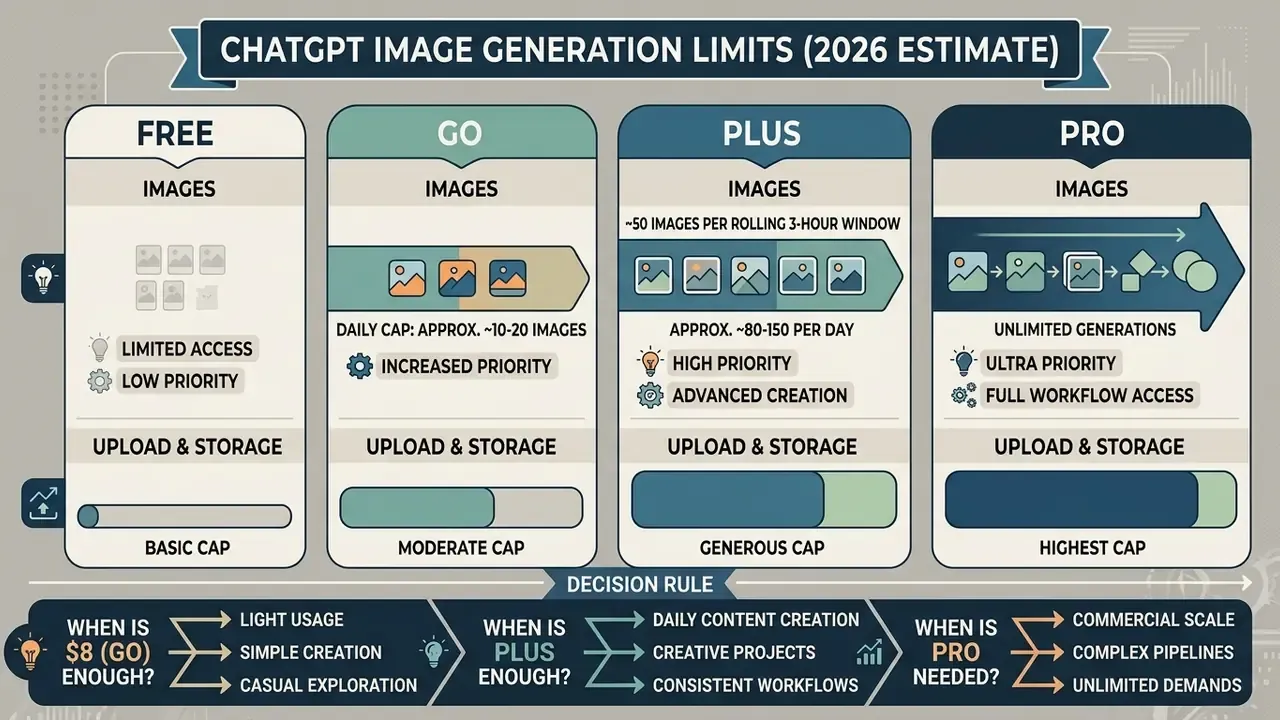 Comparison table of ChatGPT Free, Go, Plus, and Pro tiers detailing image generation capacity and usage