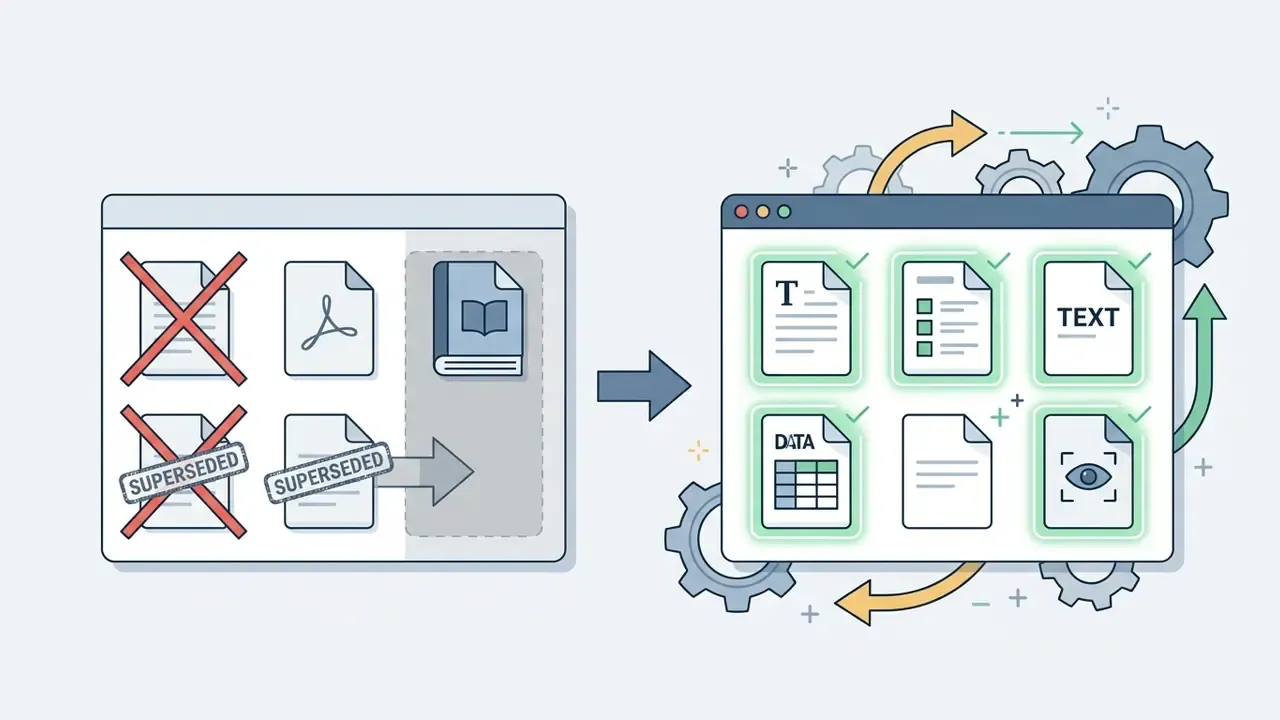 Comparison showing superseded document formats being replaced by a broader range of supported file types