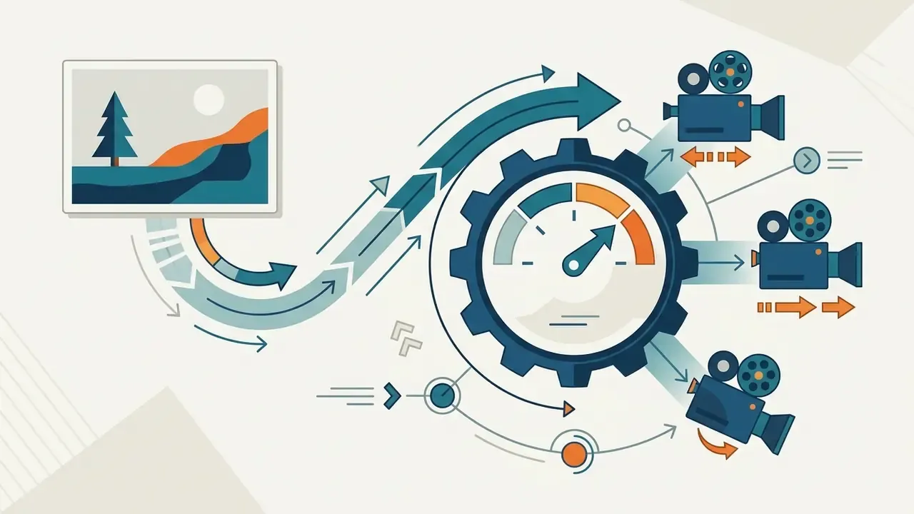 Still image feeding into a central gear speed gauge that branches into three distinct video camera icons