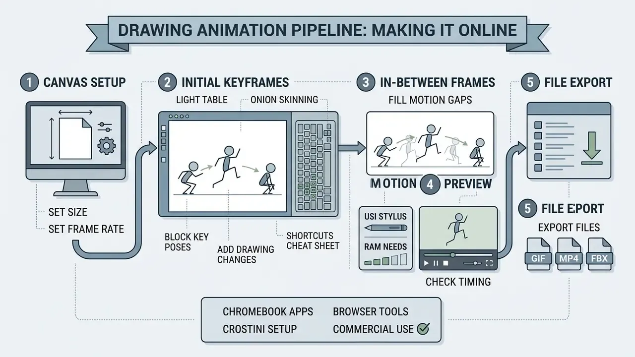 Five-step workflow diagram showing canvas setup, keyframe drawing, in-betweening, motion preview, and file export