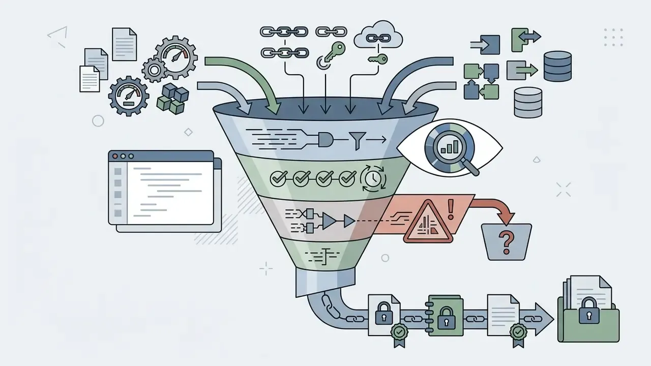 Funnel filtering digital inputs into a secure audit trail of locked documents and chain links