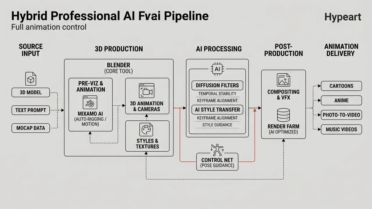 Workflow diagram showing a hybrid AI animation pipeline from 3D production to final delivery