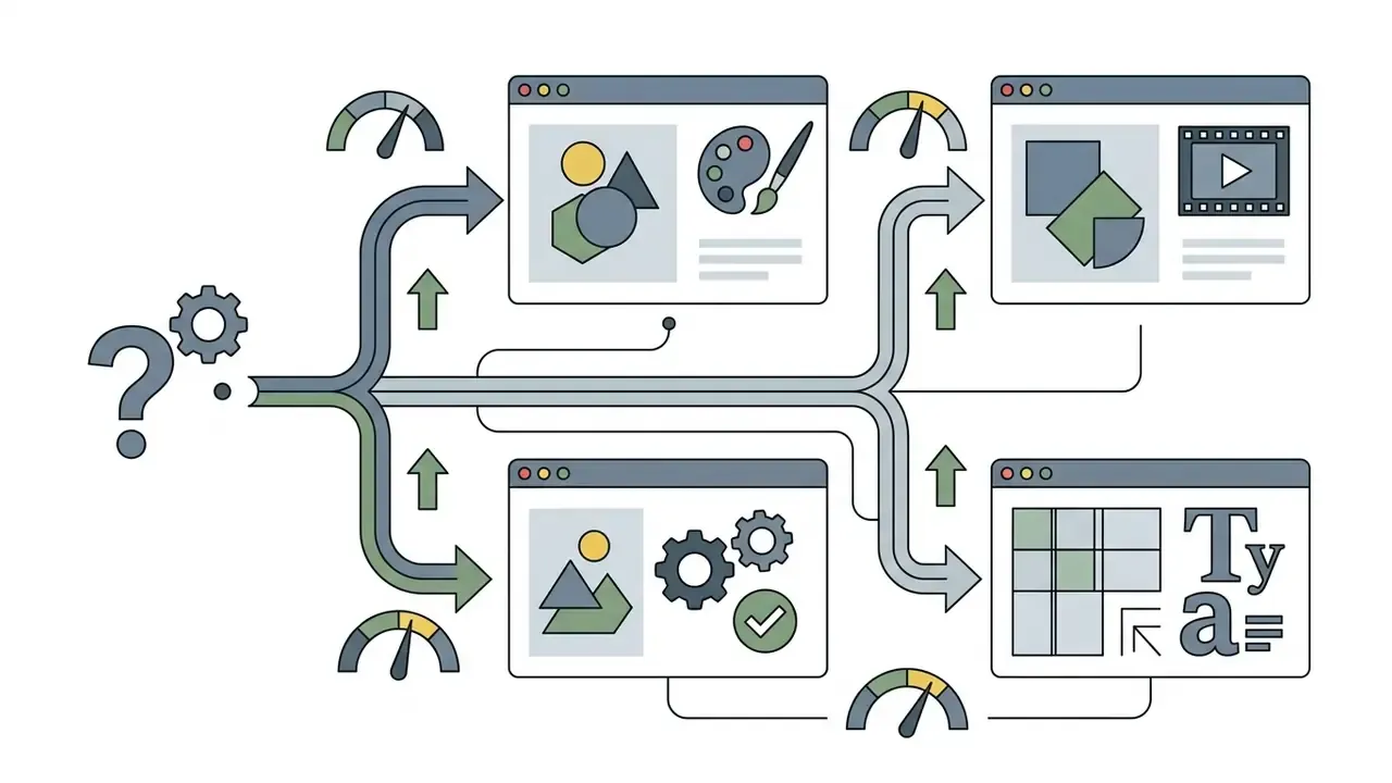 Flowchart showing decision paths from a question mark to various software interface icons and gauges