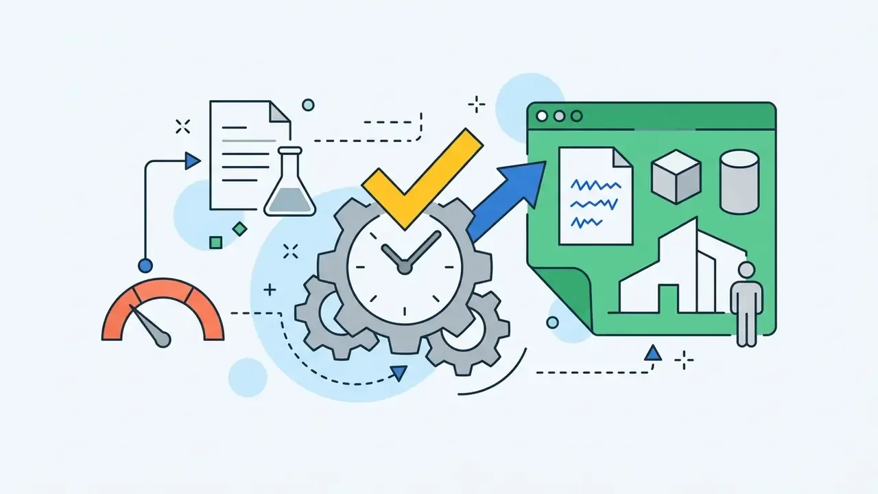 Document and flask icons feeding into a gear clock mechanism that outputs to a digital project dashboard