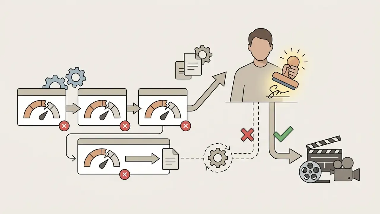 Person using a stamp to authorize a production workflow after a series of failed technical gauges