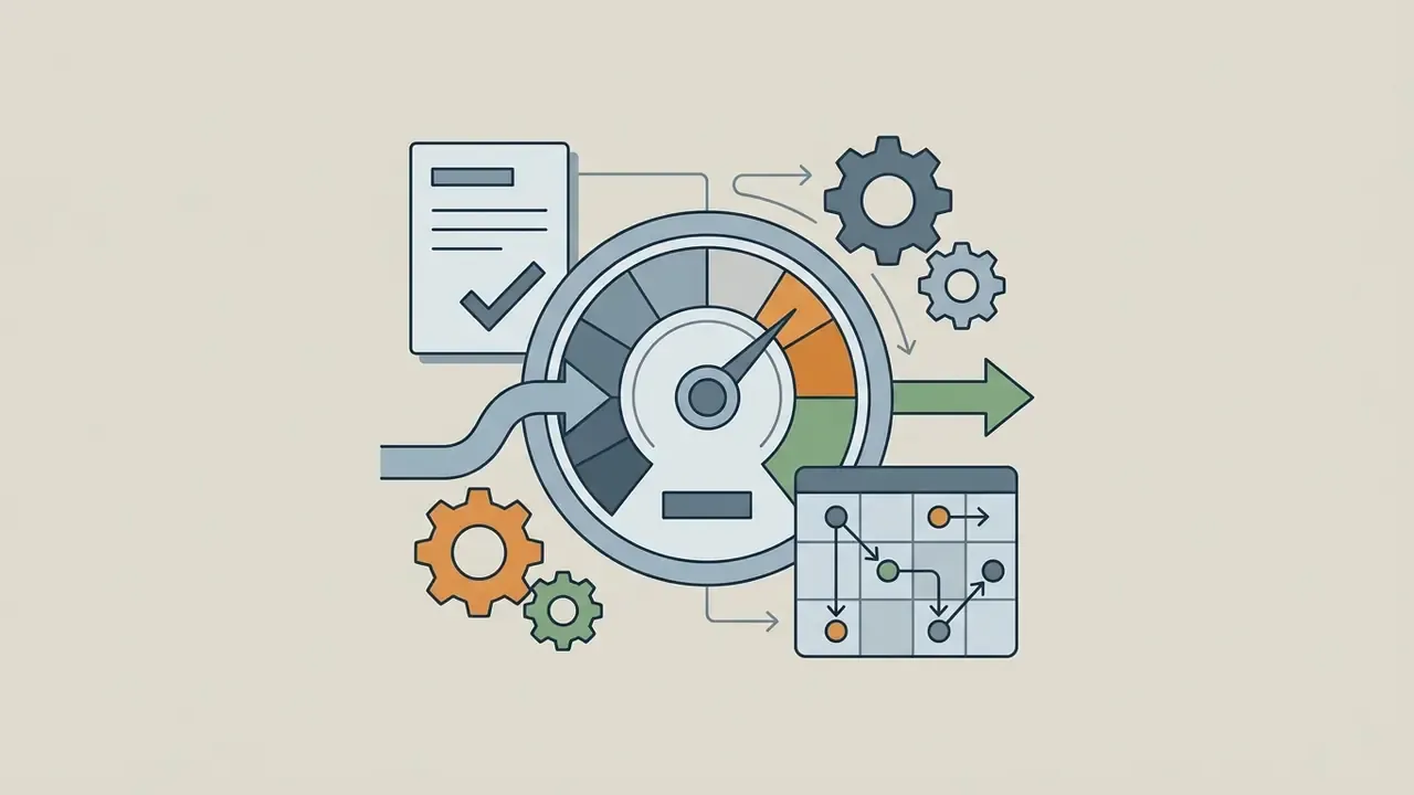Gauge with gears and a document icon connecting to a task mapping grid
