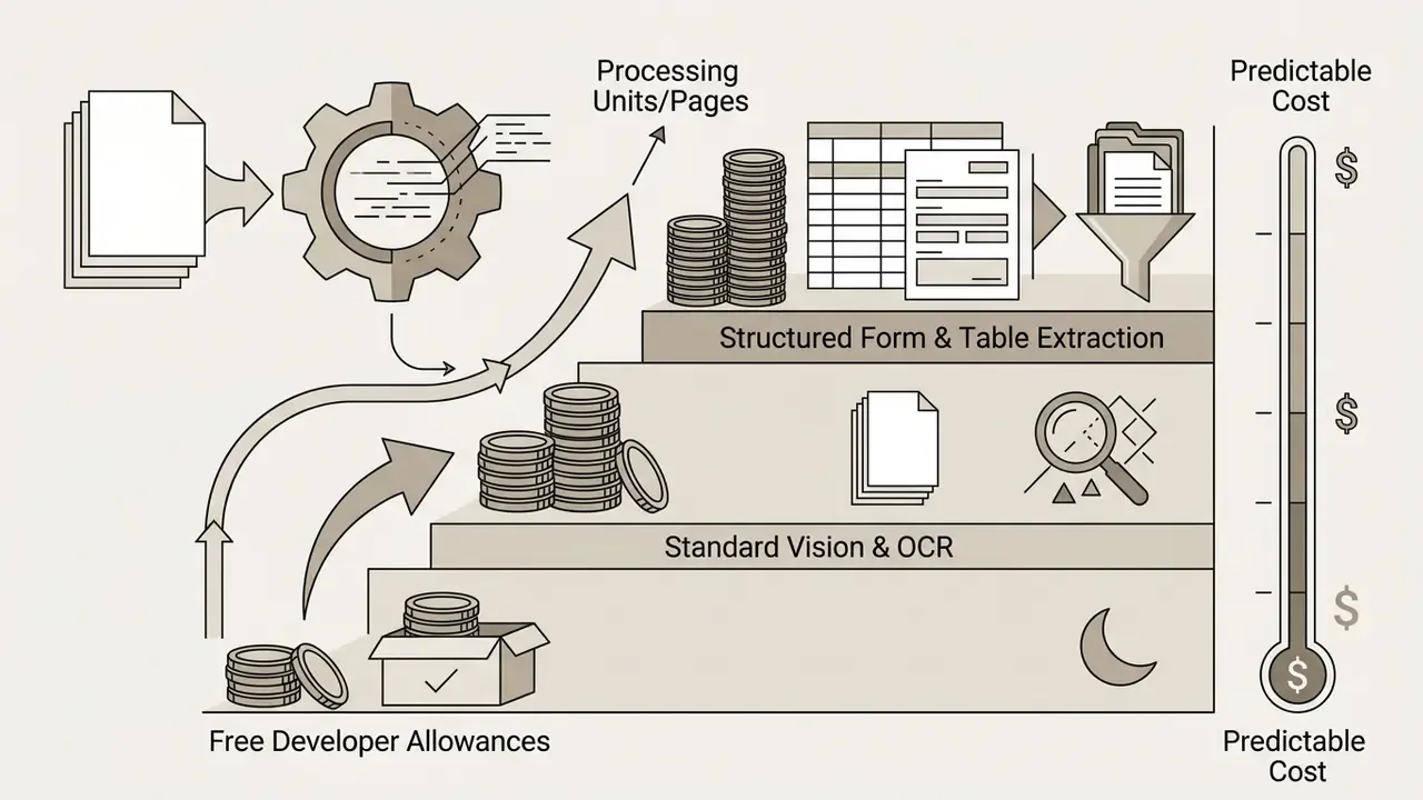 Staircase graphic showing document processing tiers increasing in cost alongside developer allowances