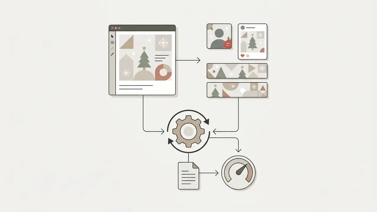 Workflow showing design software resizing holiday graphics for social media banners and profile avatars