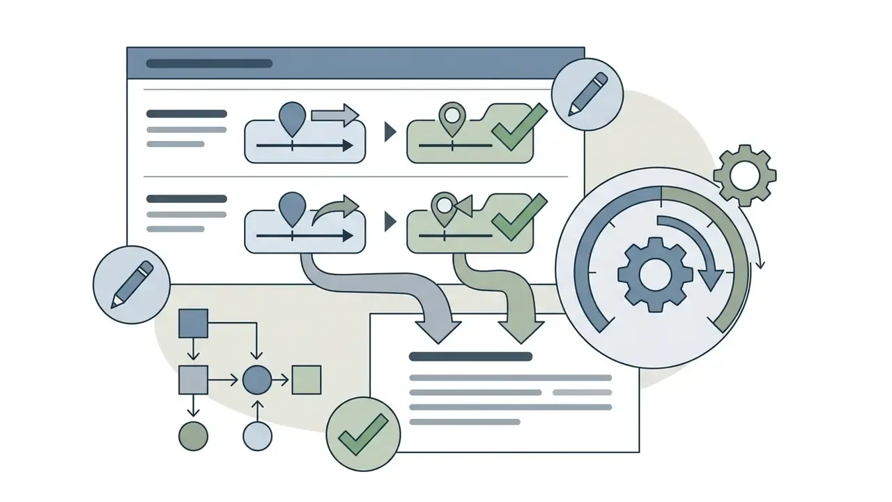 Timeline markers and checkmarks connecting document rows to a gear gauge and flow chart